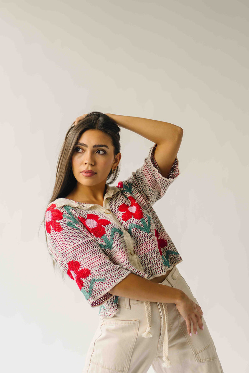 The Angelica Floral Button-Front Cardigan in Ivory