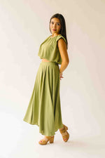 The Keller Pleated Midi Skirt in Olive Green