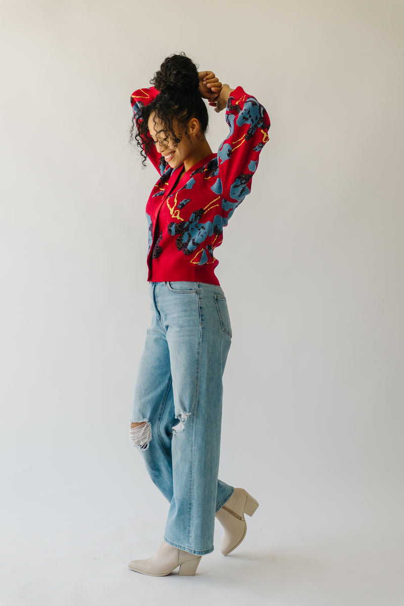 The Kennard Floral Button-Up Sweater in Red