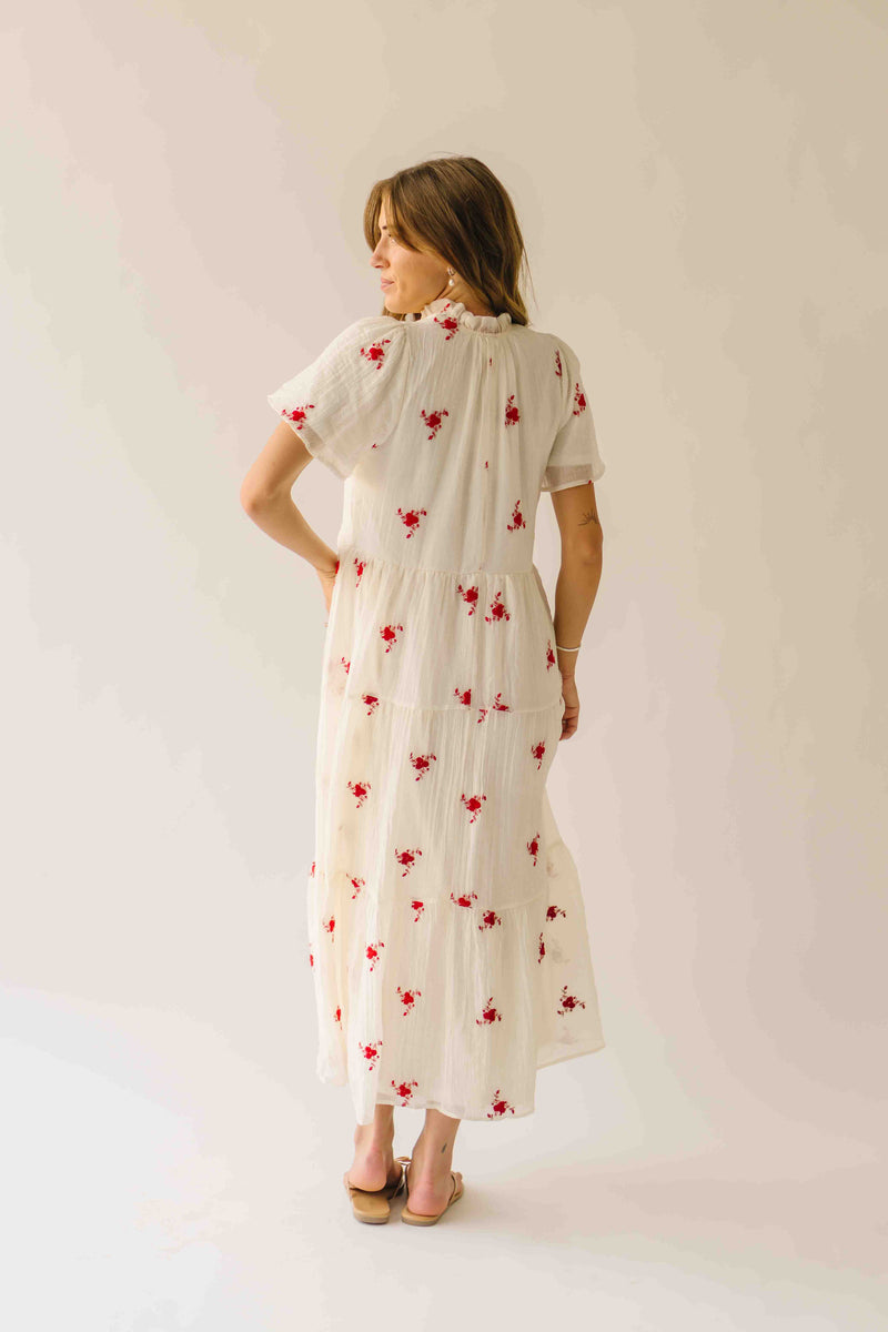 The Sonora Embroidered Detail Dress in Ivory + Red
