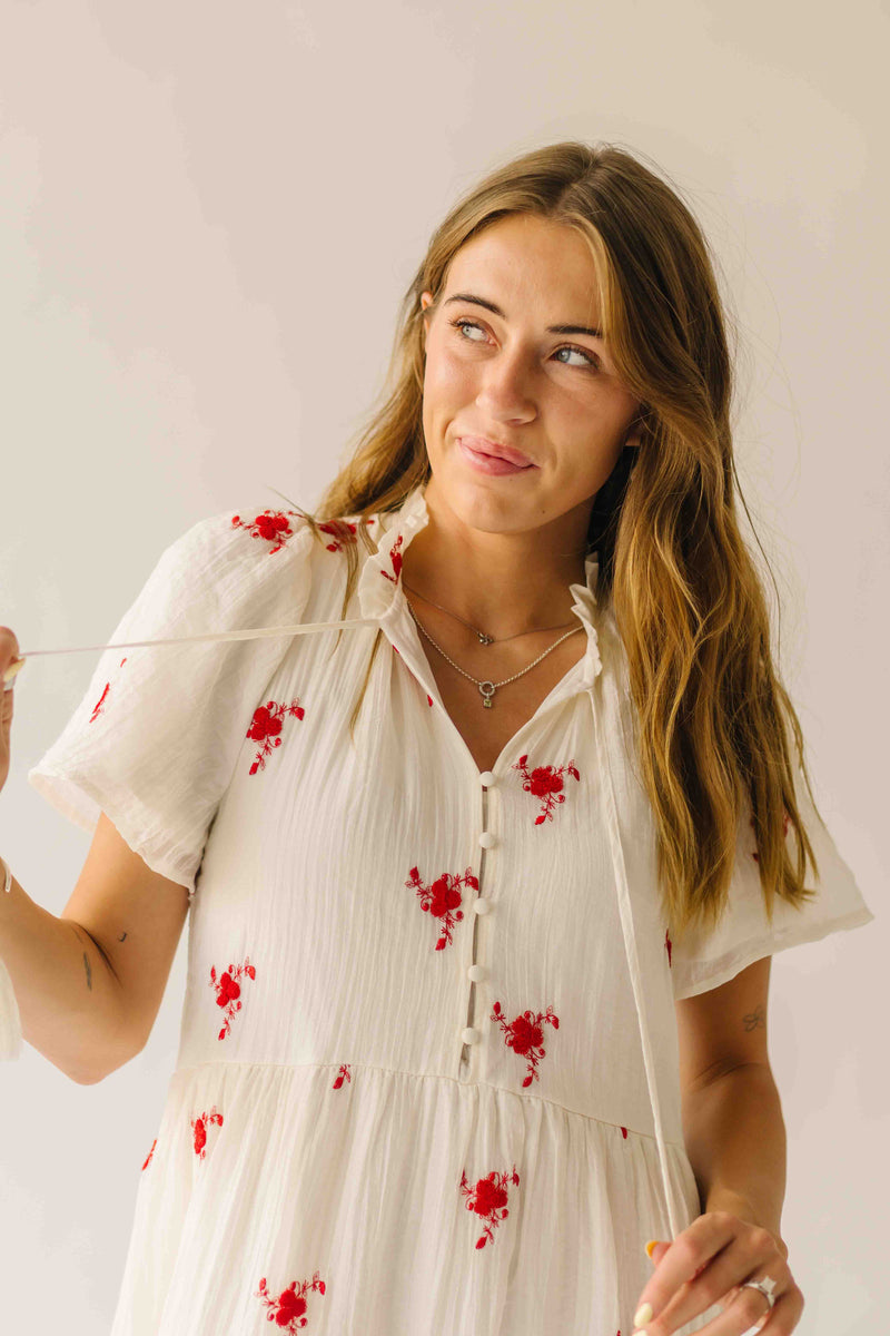 The Sonora Embroidered Detail Dress in Ivory + Red