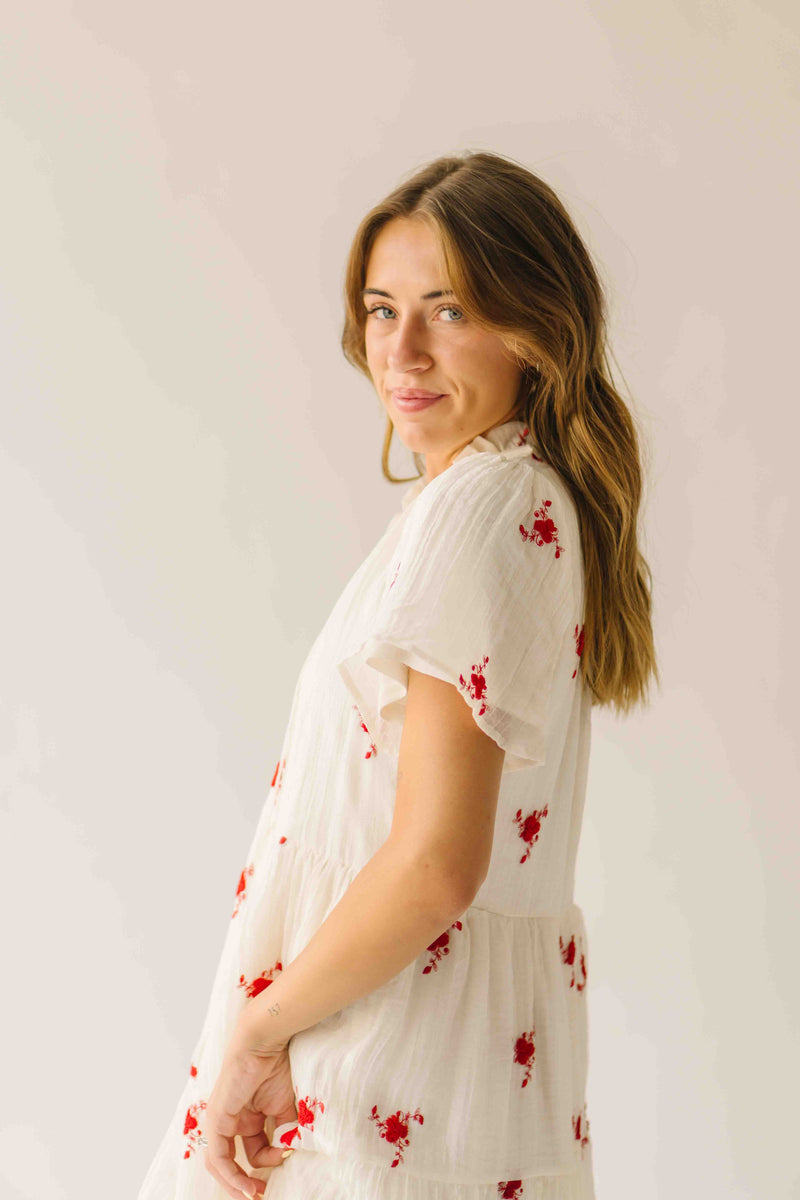 The Sonora Embroidered Detail Dress in Ivory + Red