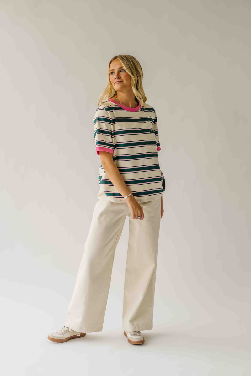 The Amy Striped Tee in Hunter Green + Pink