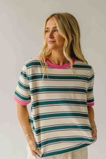 The Amy Striped Tee in Hunter Green + Pink