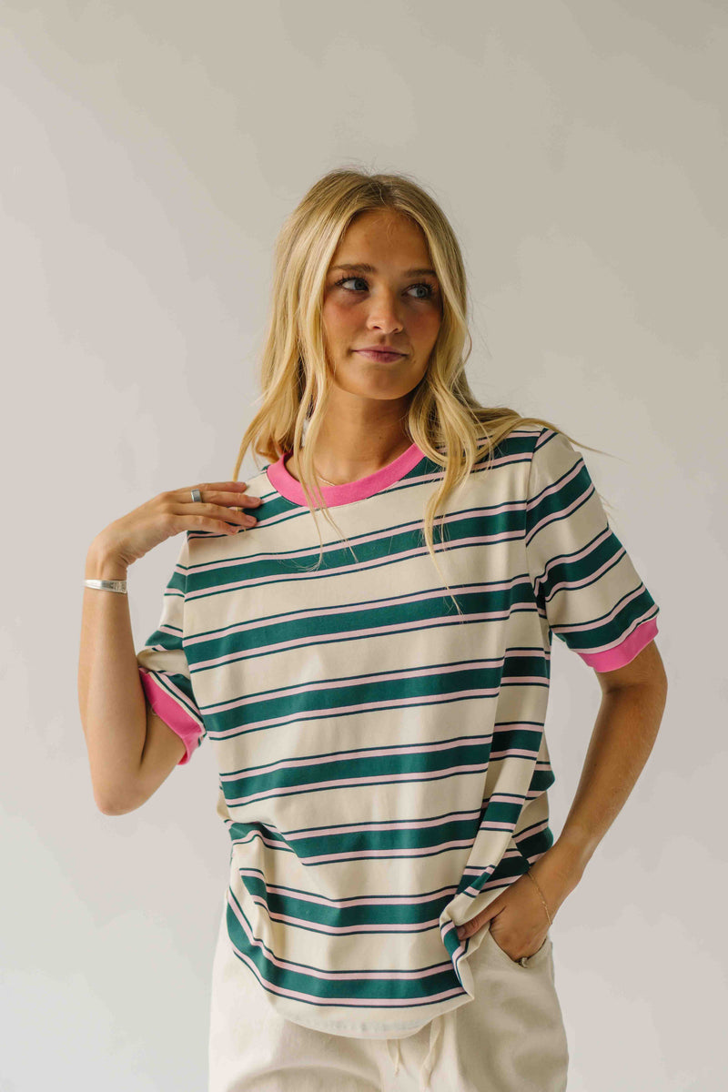 The Amy Striped Tee in Hunter Green + Pink
