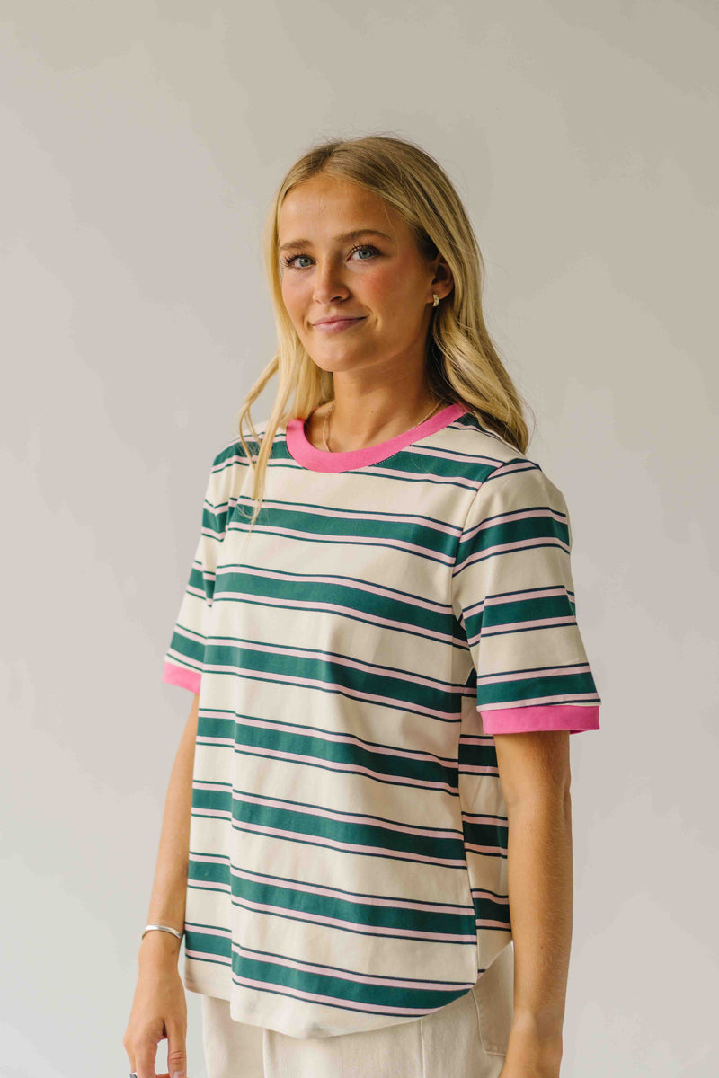 The Amy Striped Tee in Hunter Green + Pink