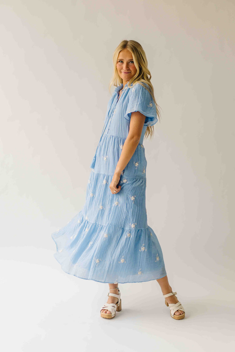 The Sonora Embroidered Detail Dress in Blue + Ivory