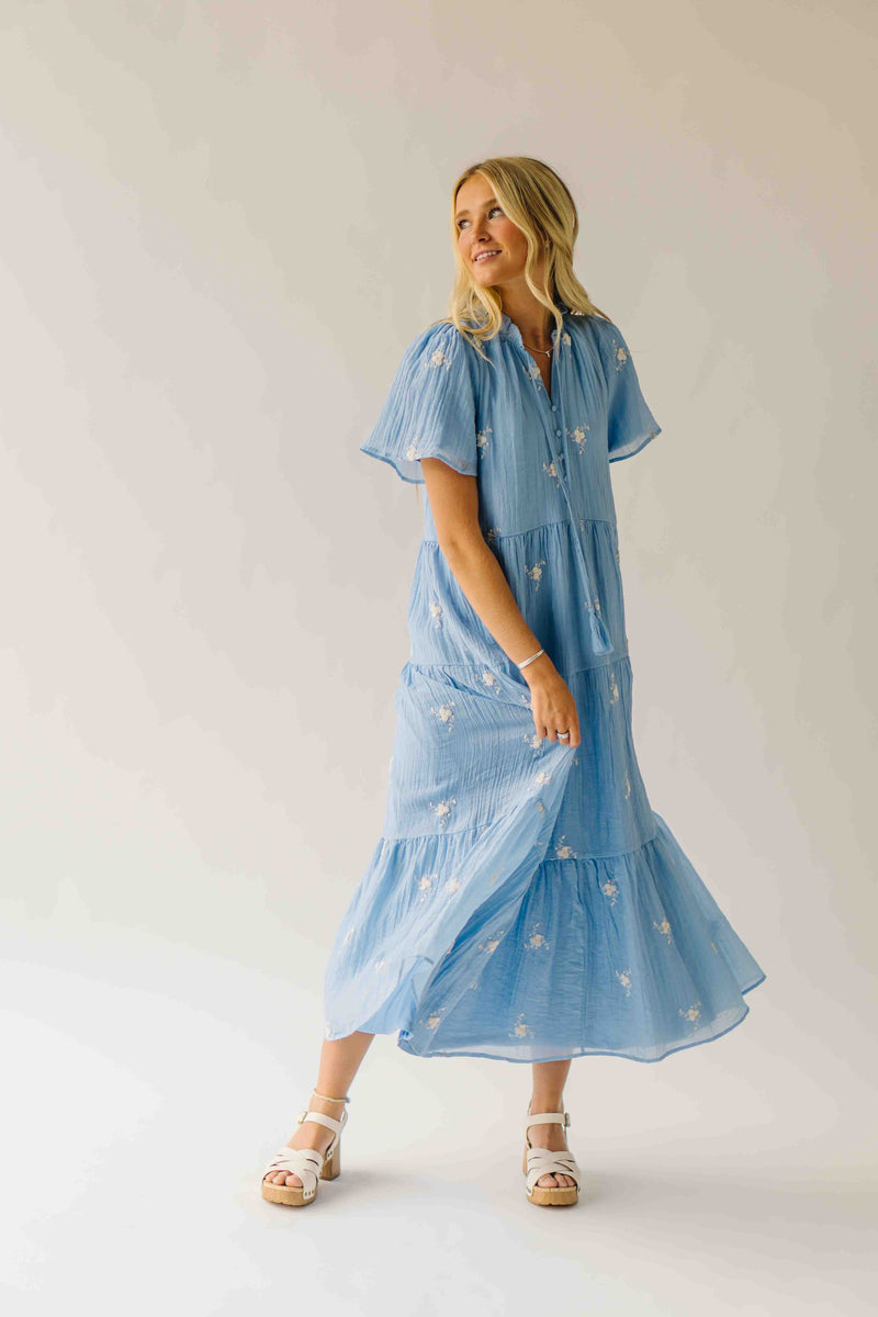 The Sonora Embroidered Detail Dress in Blue + Ivory