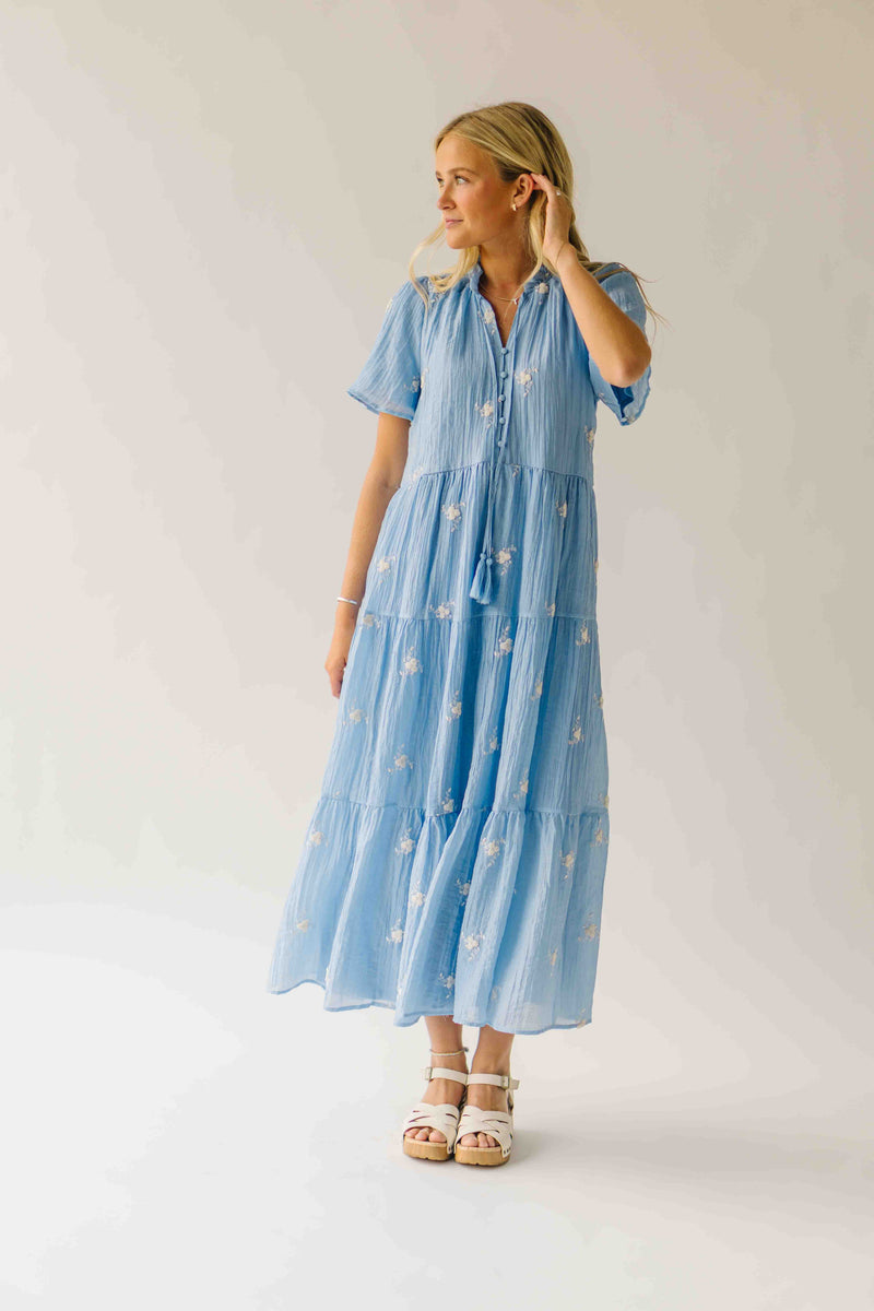 The Sonora Embroidered Detail Dress in Blue + Ivory
