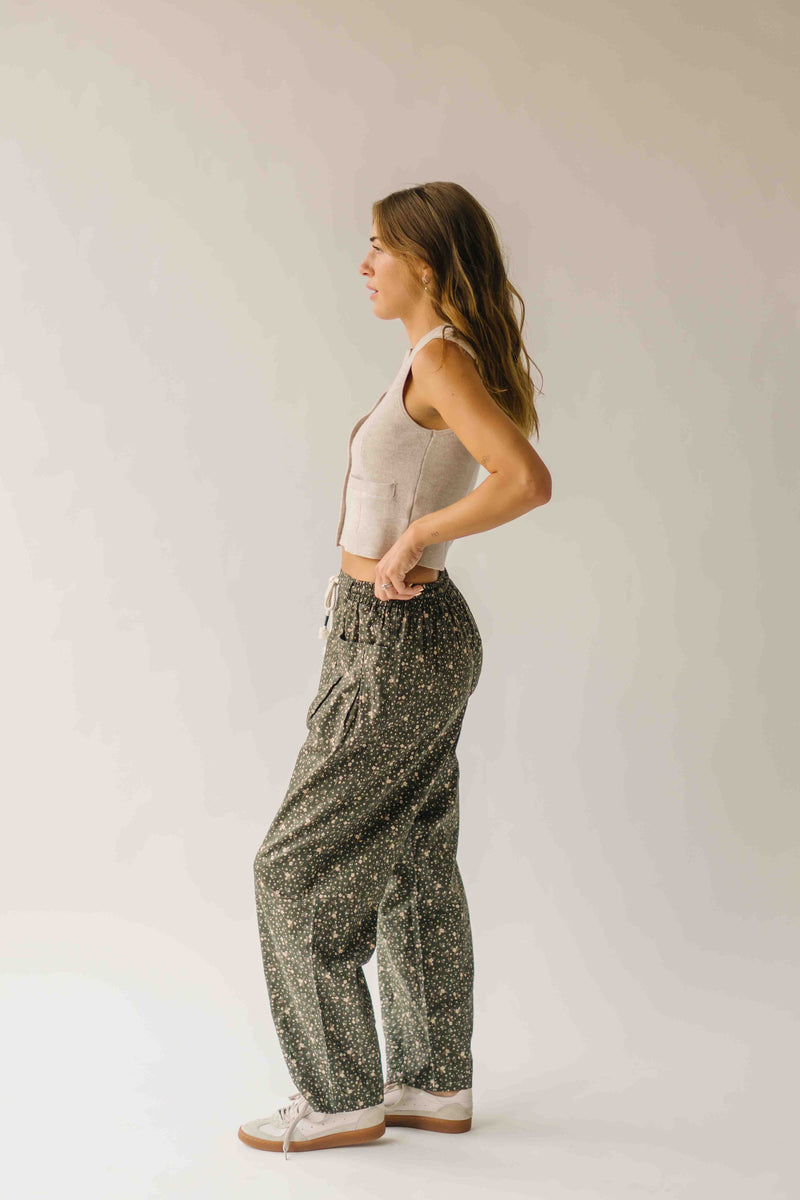 The Melanie Ditsy Floral Barrel Pant in Deep Green