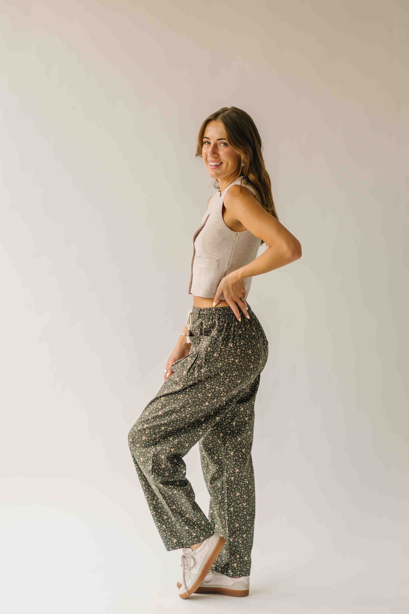 The Melanie Ditsy Floral Barrel Pant in Deep Green