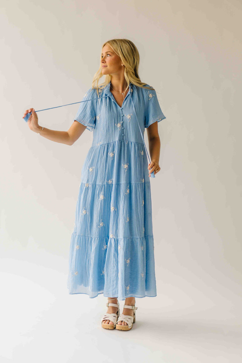 The Sonora Embroidered Detail Dress in Blue + Ivory