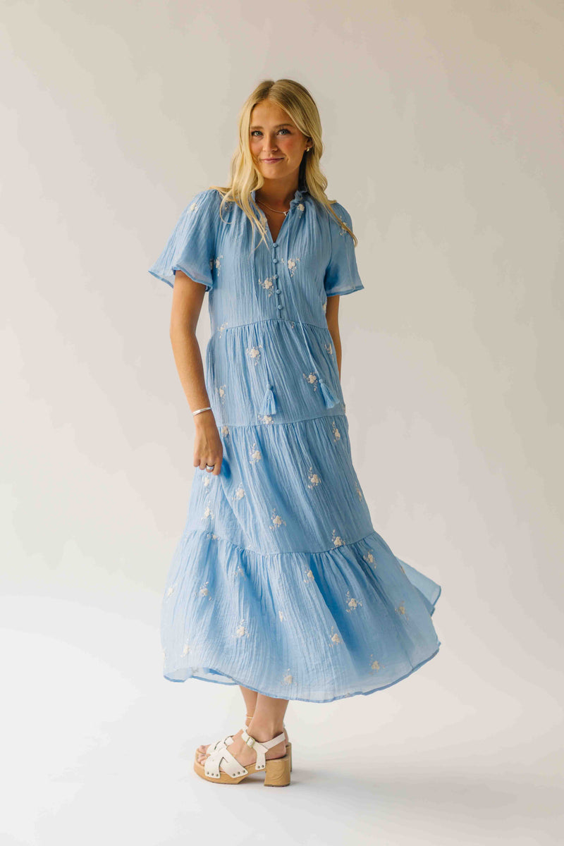 The Sonora Embroidered Detail Dress in Blue + Ivory