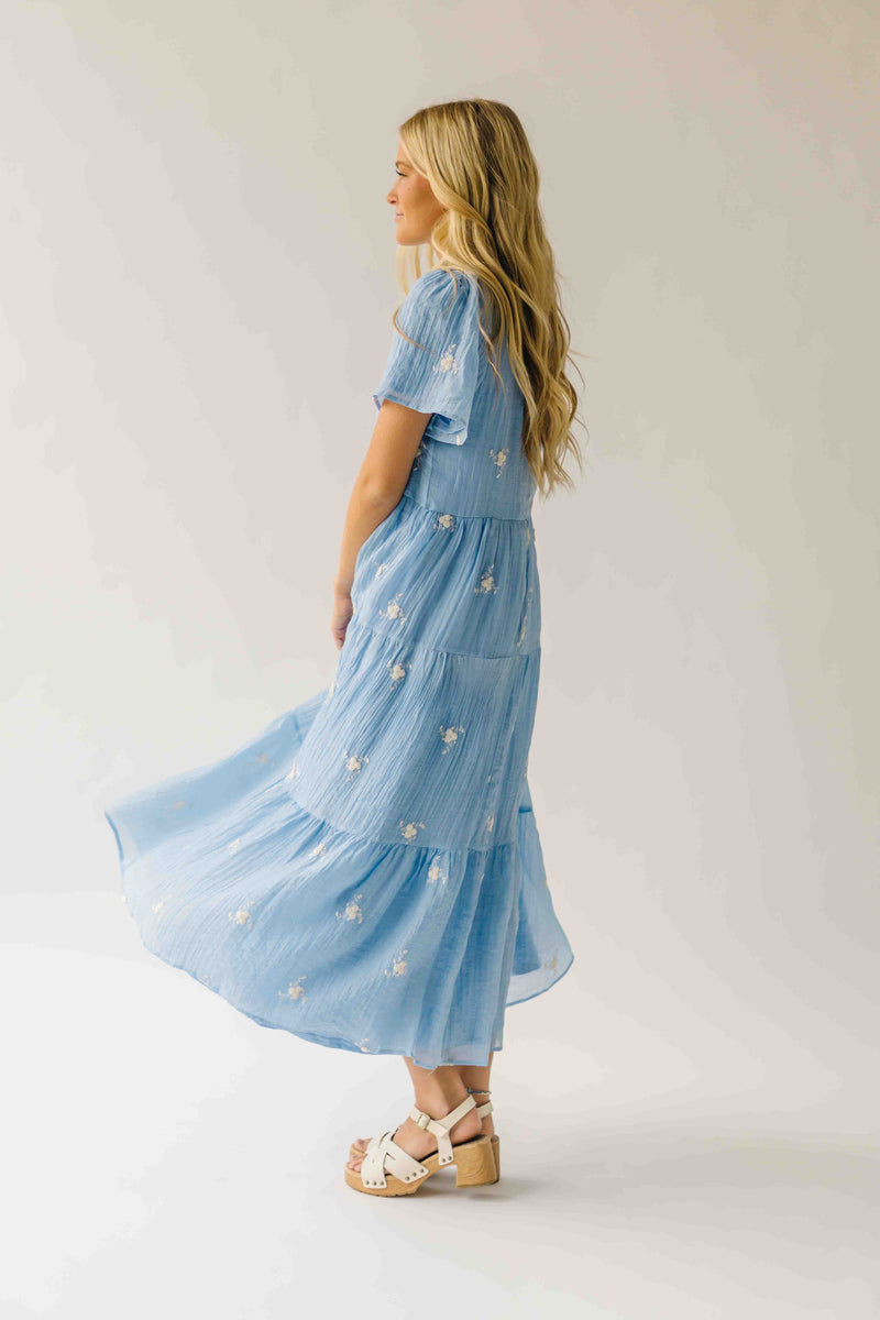 The Sonora Embroidered Detail Dress in Blue + Ivory