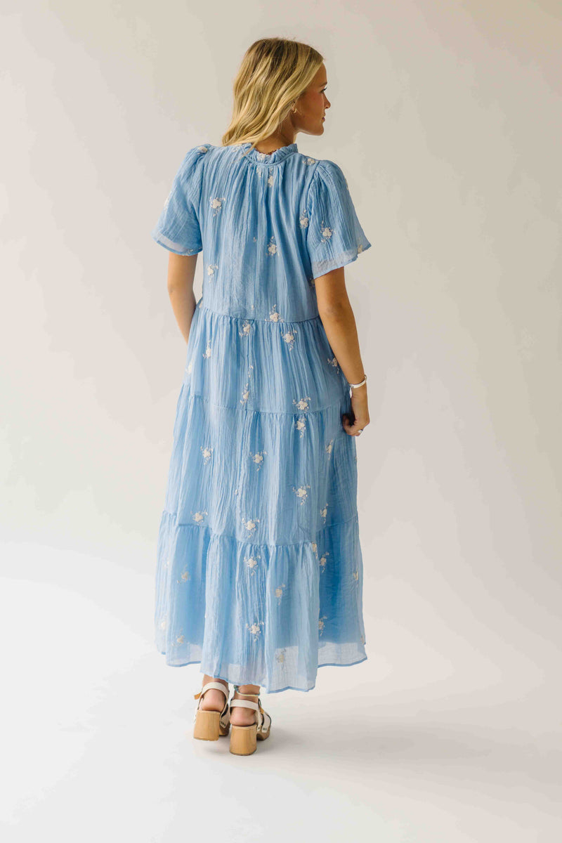 The Sonora Embroidered Detail Dress in Blue + Ivory