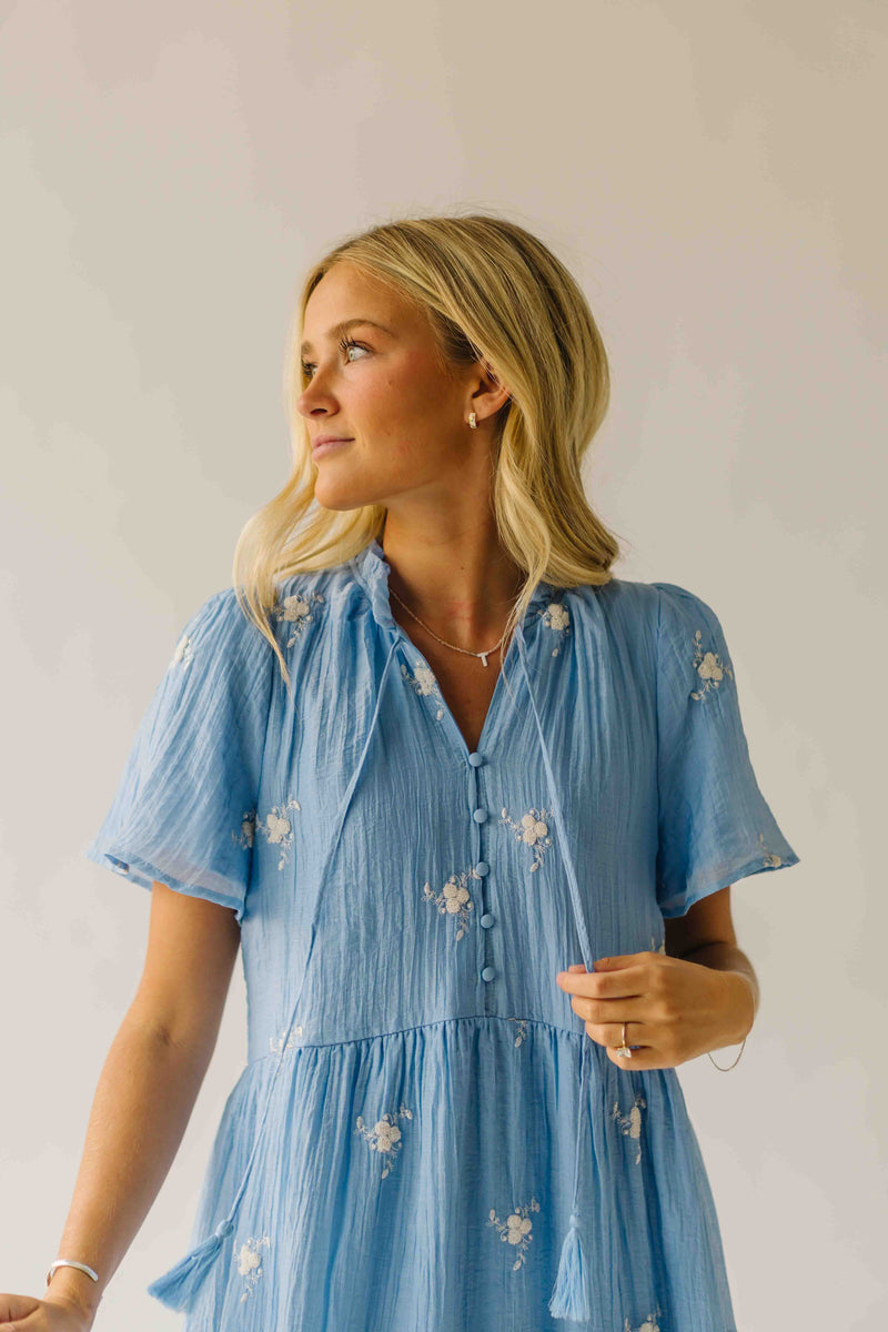The Sonora Embroidered Detail Dress in Blue + Ivory