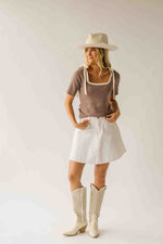 The Lowry Ribbed Tie Detail Blouse in Mushroom