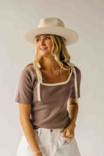 The Lowry Ribbed Tie Detail Blouse in Mushroom