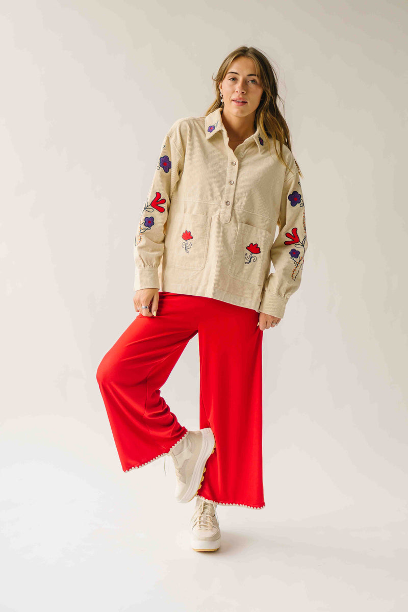 The Ellsworth Corduroy Embroidered Blouse in Sand