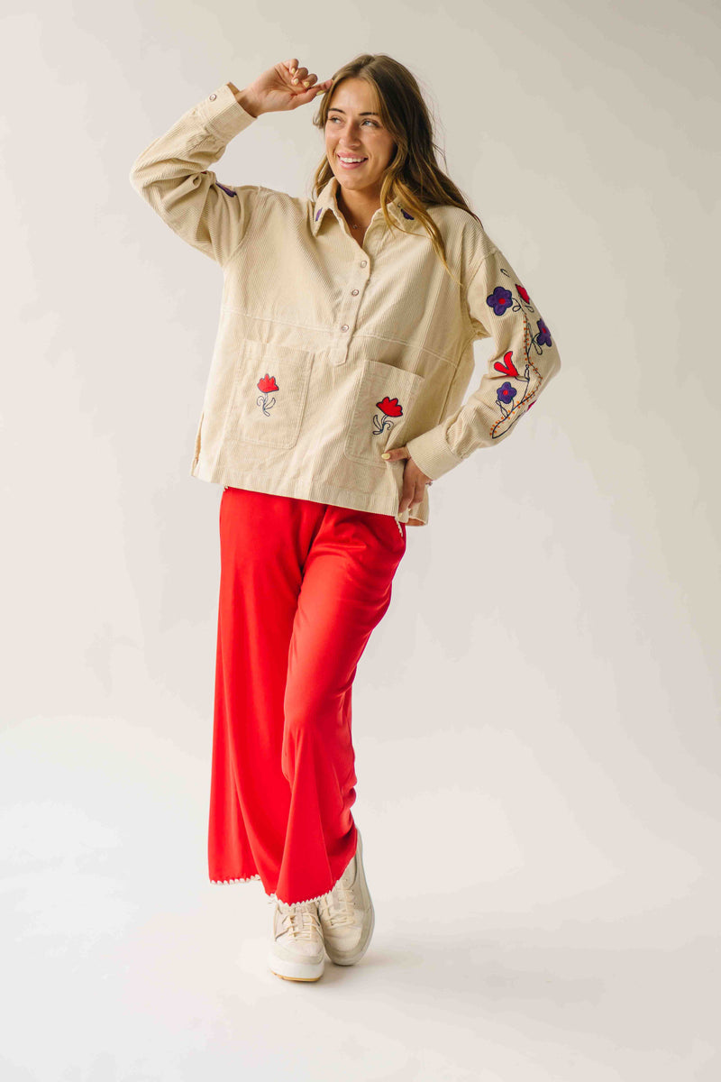 The Ellsworth Corduroy Embroidered Blouse in Sand