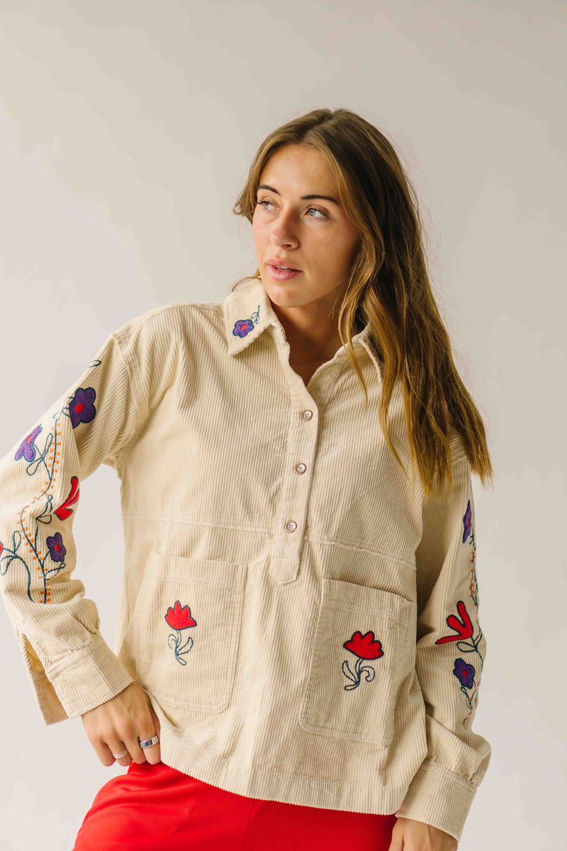 The Ellsworth Corduroy Embroidered Blouse in Sand