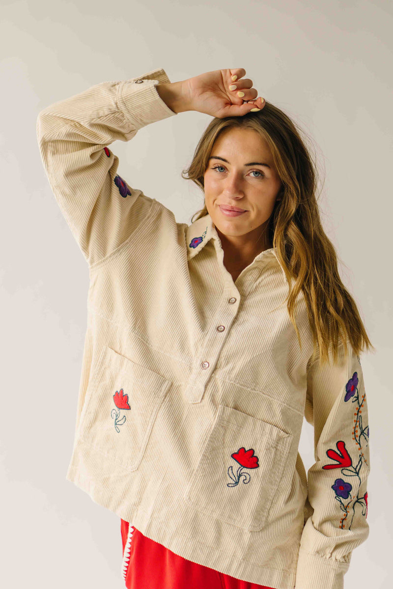 The Ellsworth Corduroy Embroidered Blouse in Sand