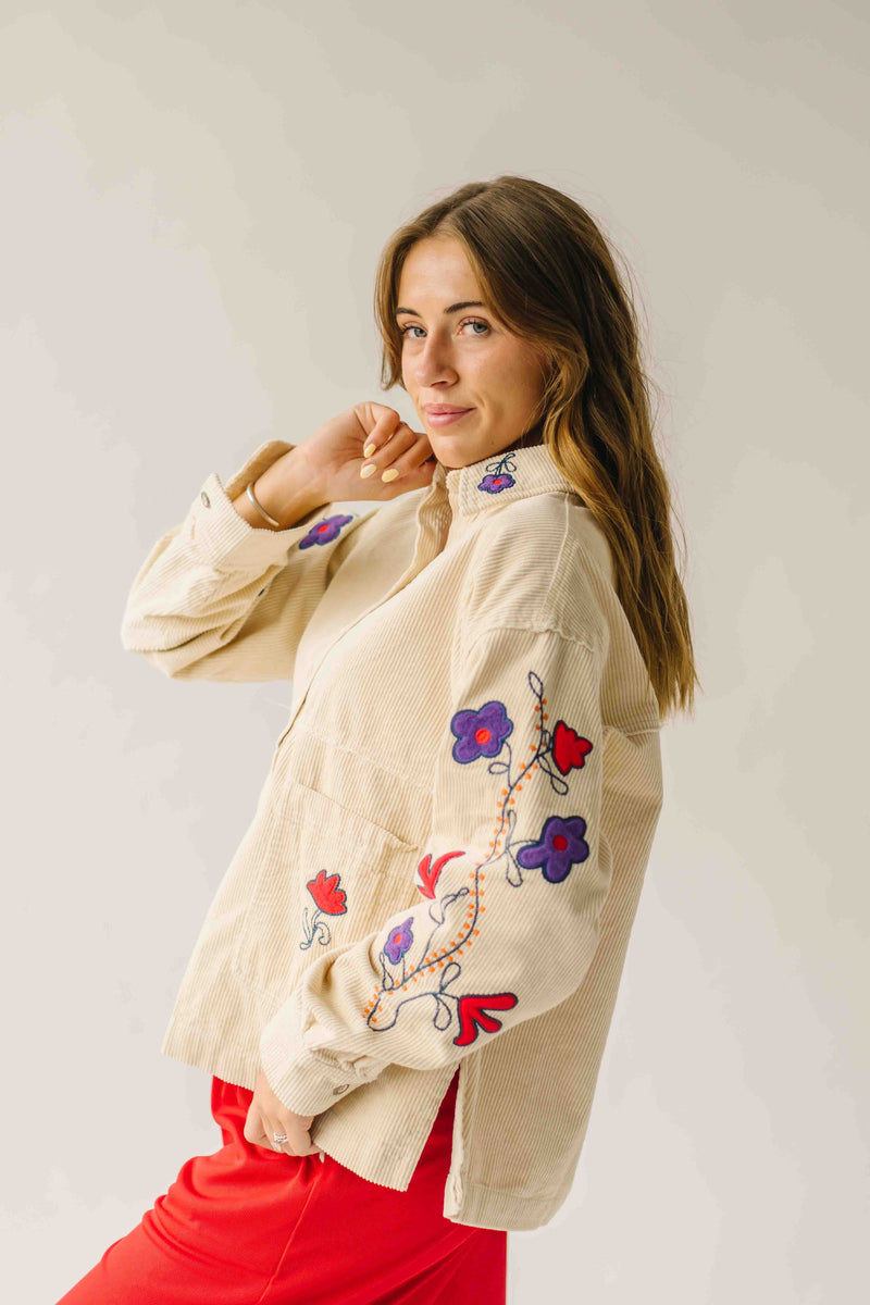 The Ellsworth Corduroy Embroidered Blouse in Sand