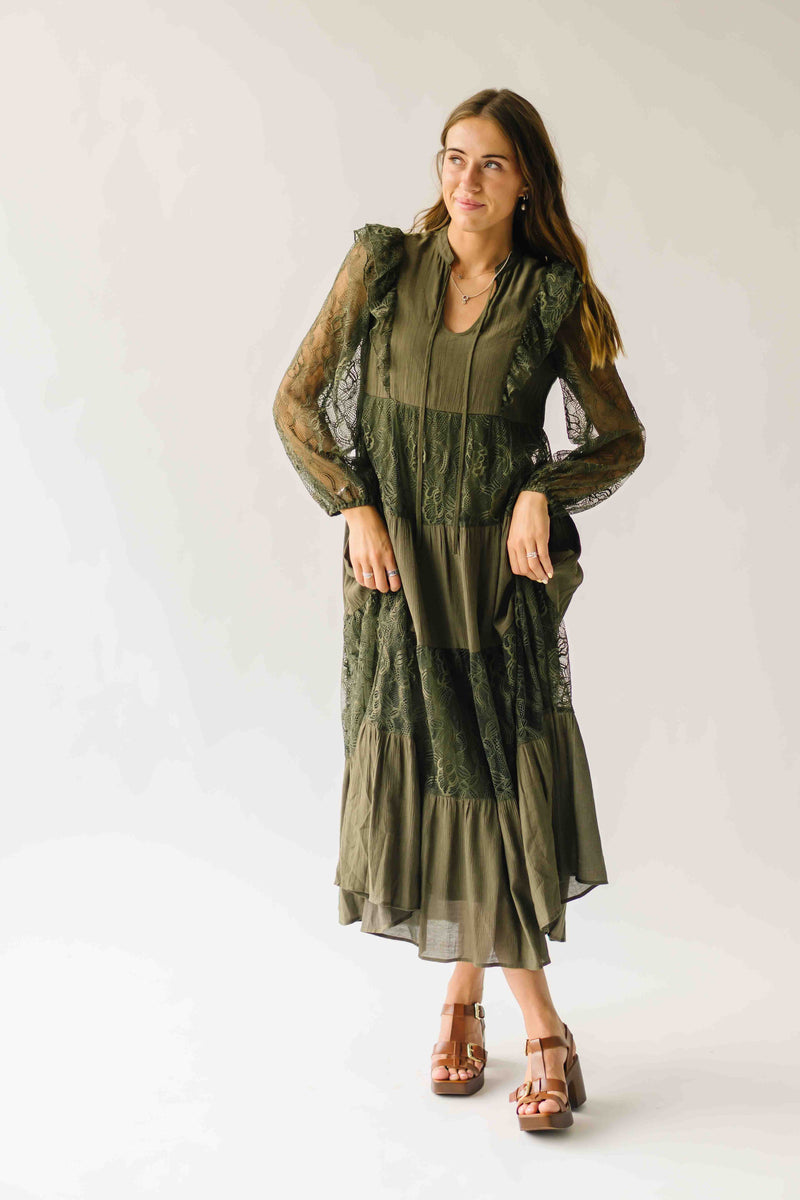 The Gizelle Lace Tiered Maxi Dress in Olive