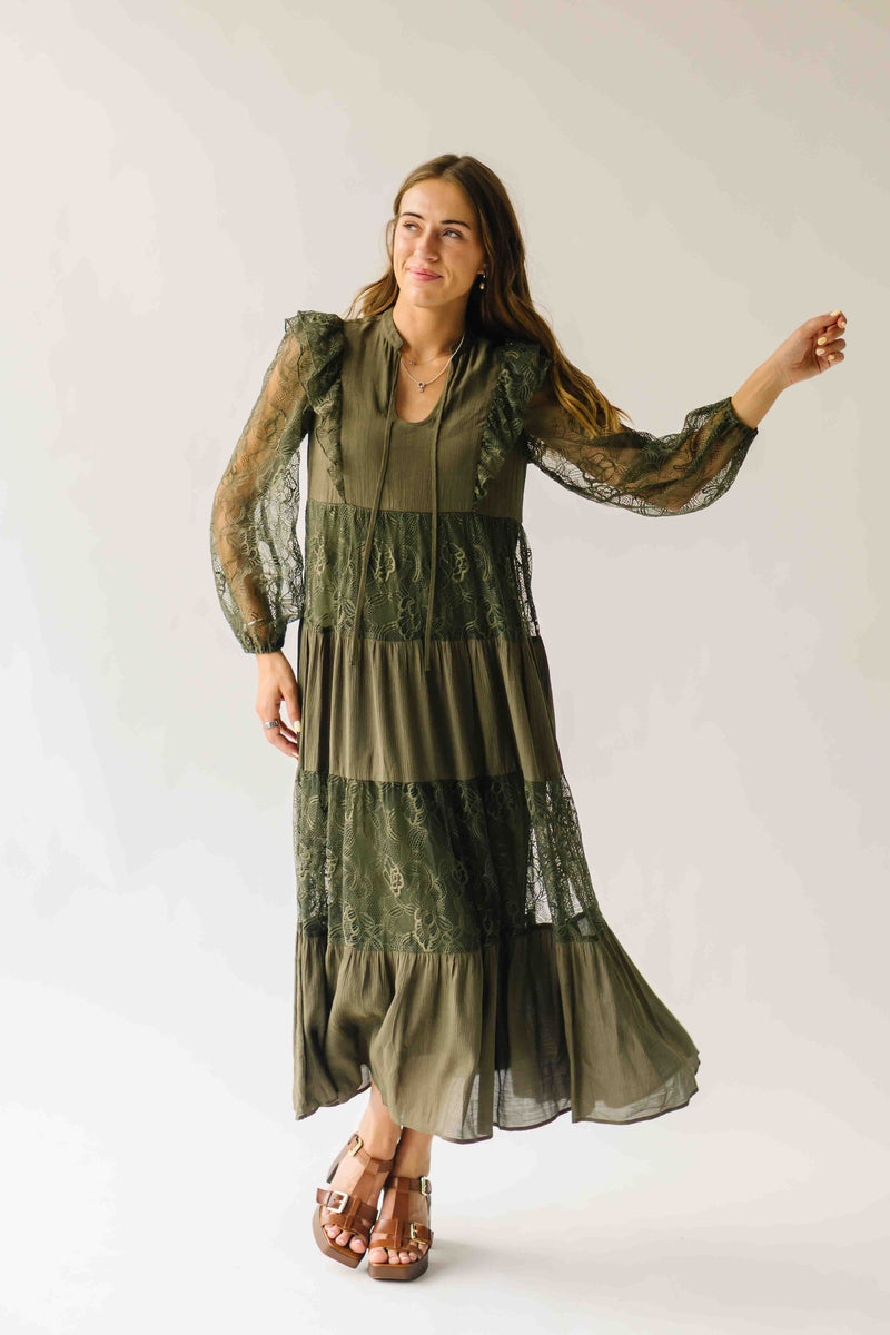 The Gizelle Lace Tiered Maxi Dress in Olive
