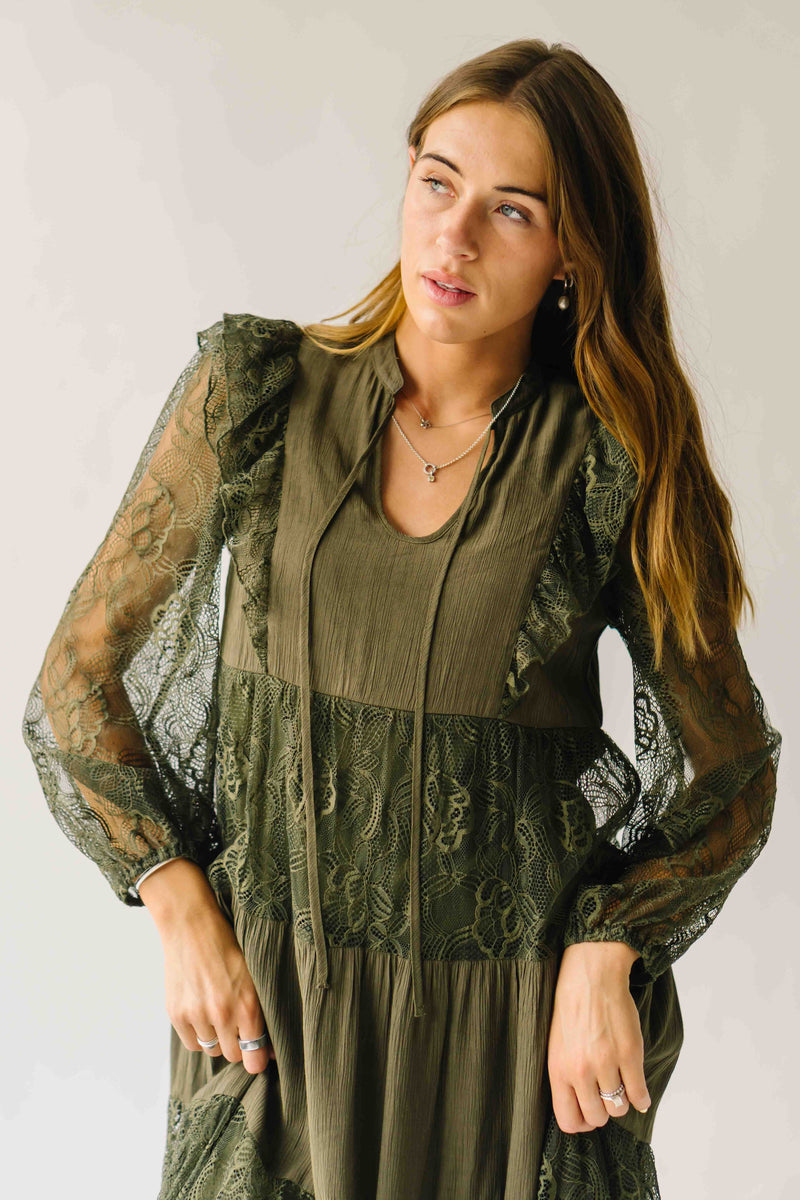 The Gizelle Lace Tiered Maxi Dress in Olive
