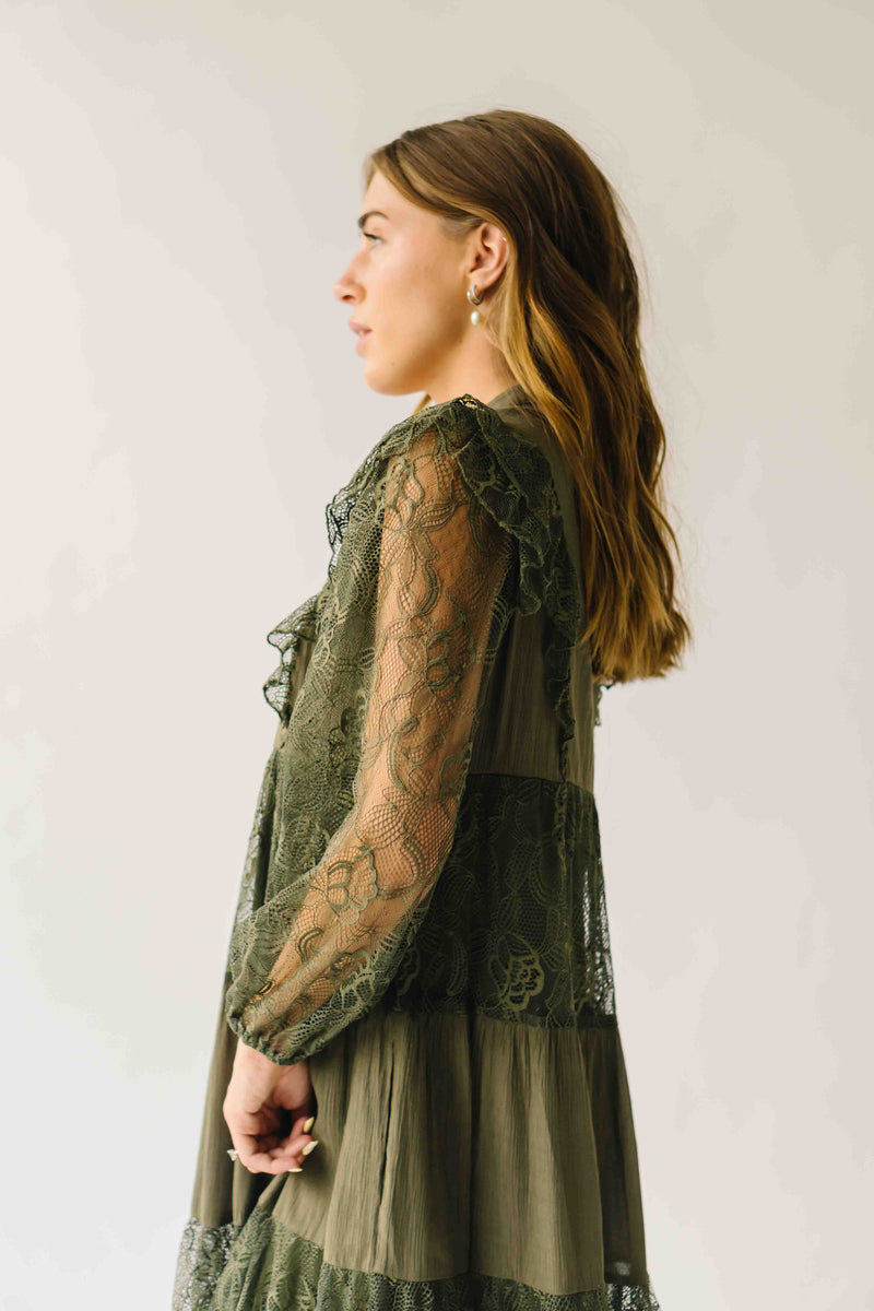 The Gizelle Lace Tiered Maxi Dress in Olive