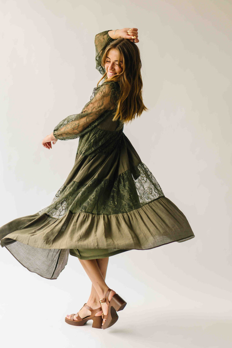 The Gizelle Lace Tiered Maxi Dress in Olive
