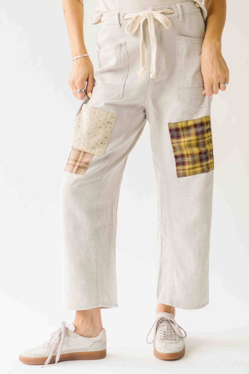 The Makenna Patchwork Drawstring Pant in Washed Khaki