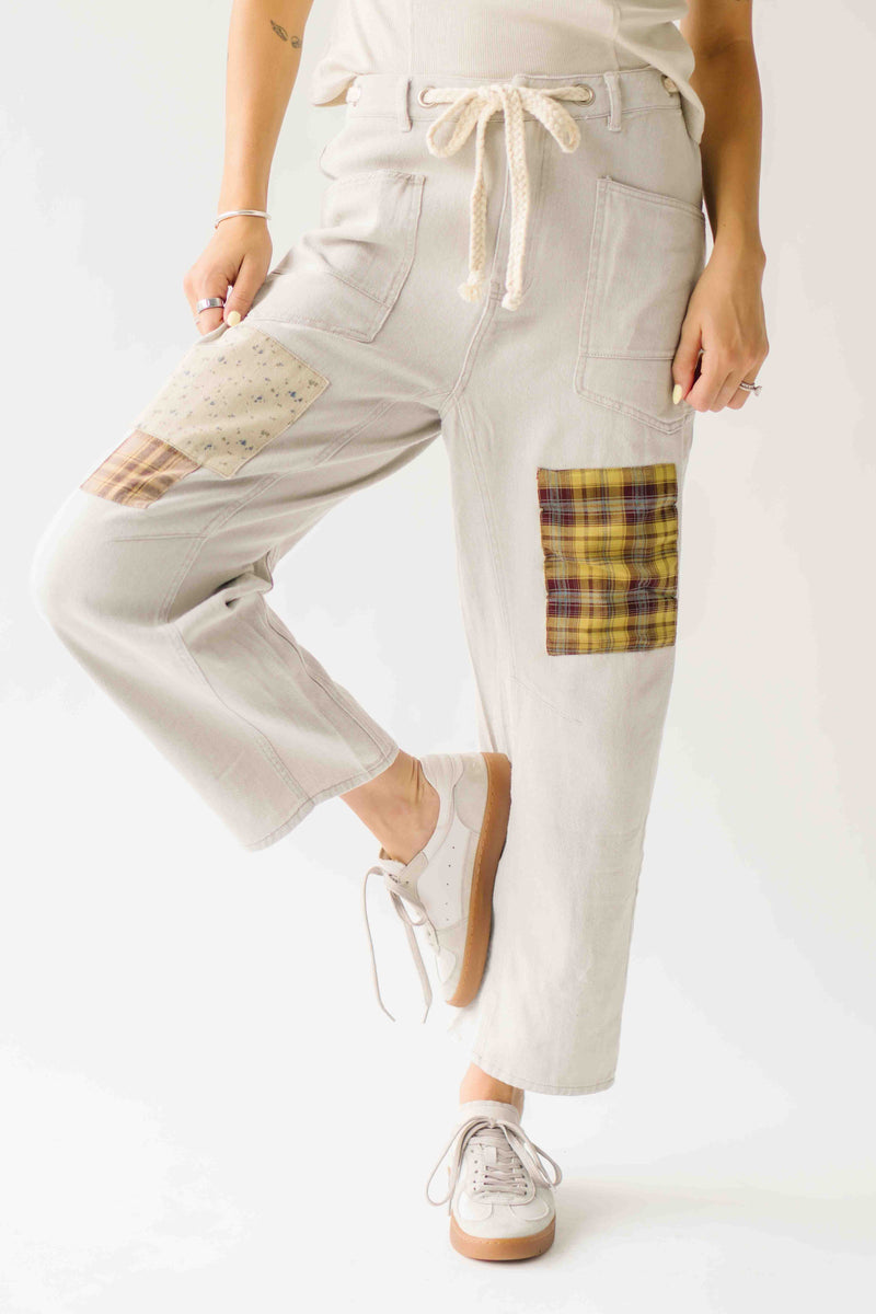 The Makenna Patchwork Drawstring Pant in Washed Khaki