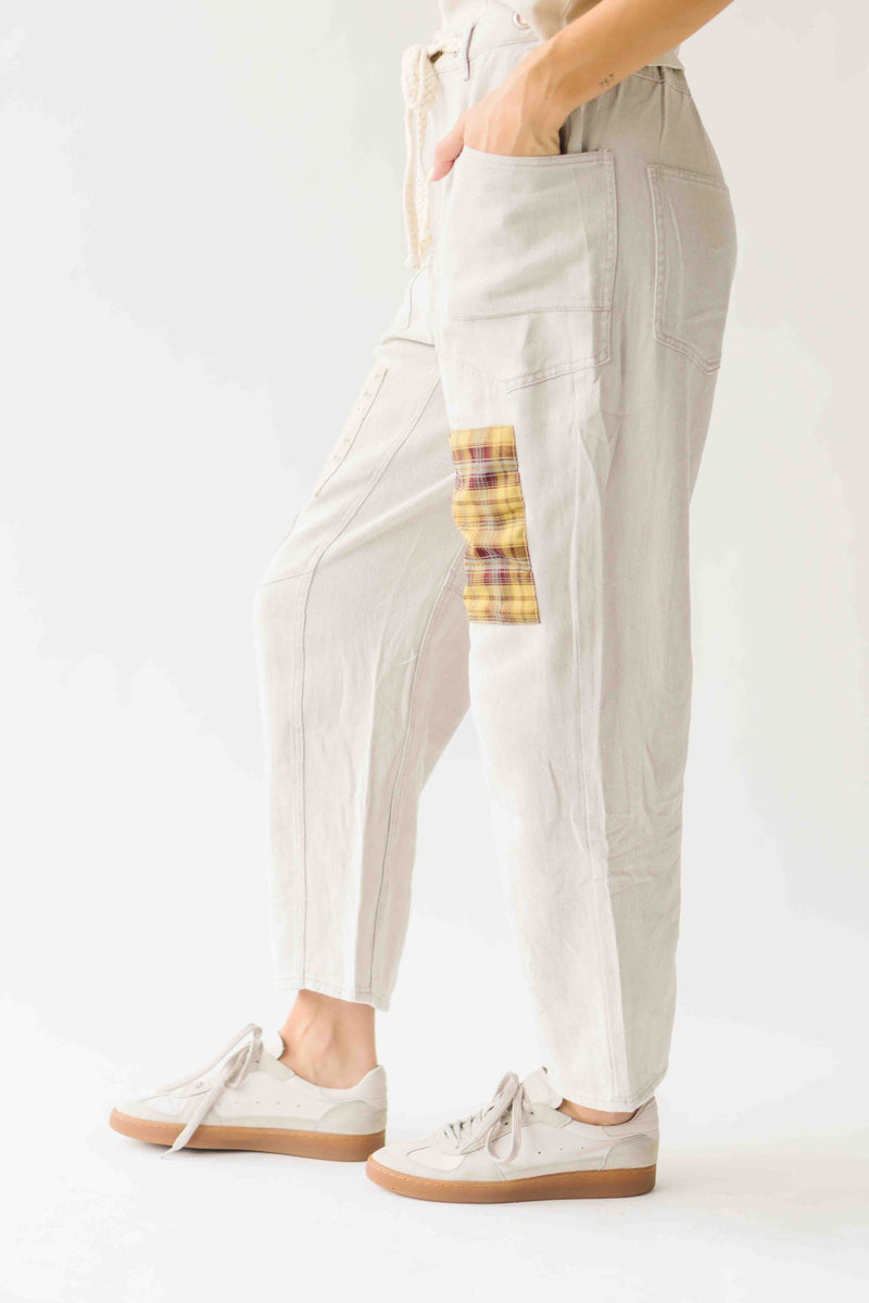 The Makenna Patchwork Drawstring Pant in Washed Khaki