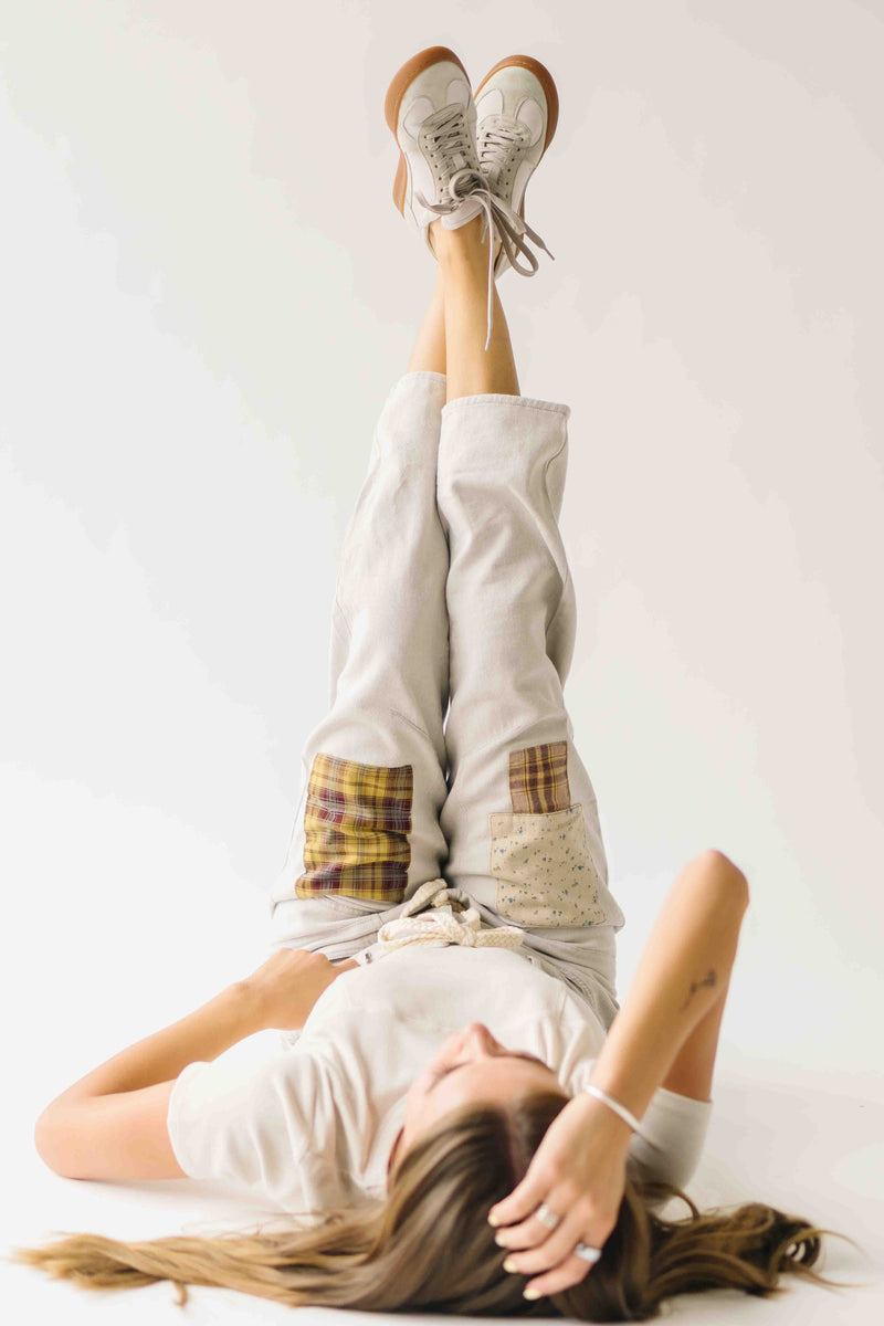 The Makenna Patchwork Drawstring Pant in Washed Khaki