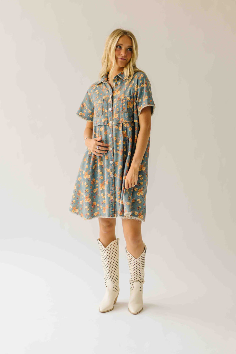 The Maribeth Floral Button-Up Dress in Denim