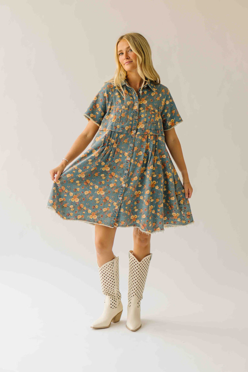 The Maribeth Floral Button-Up Dress in Denim