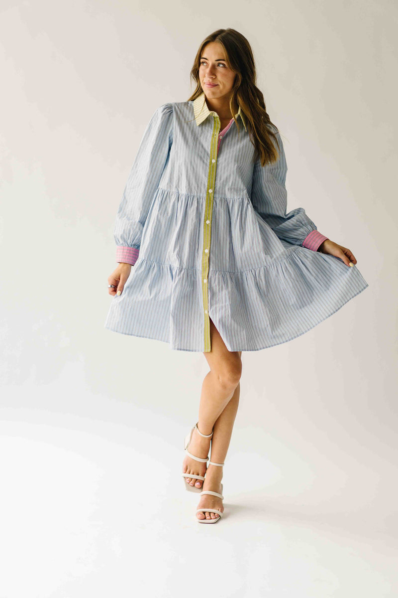 The Landry Tiered Button-Up Dress in Blue Combo