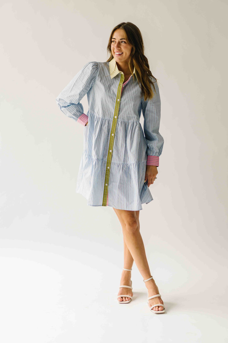 The Landry Tiered Button-Up Dress in Blue Combo