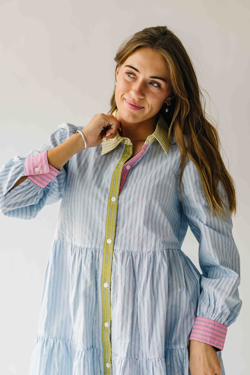 The Landry Tiered Button-Up Dress in Blue Combo