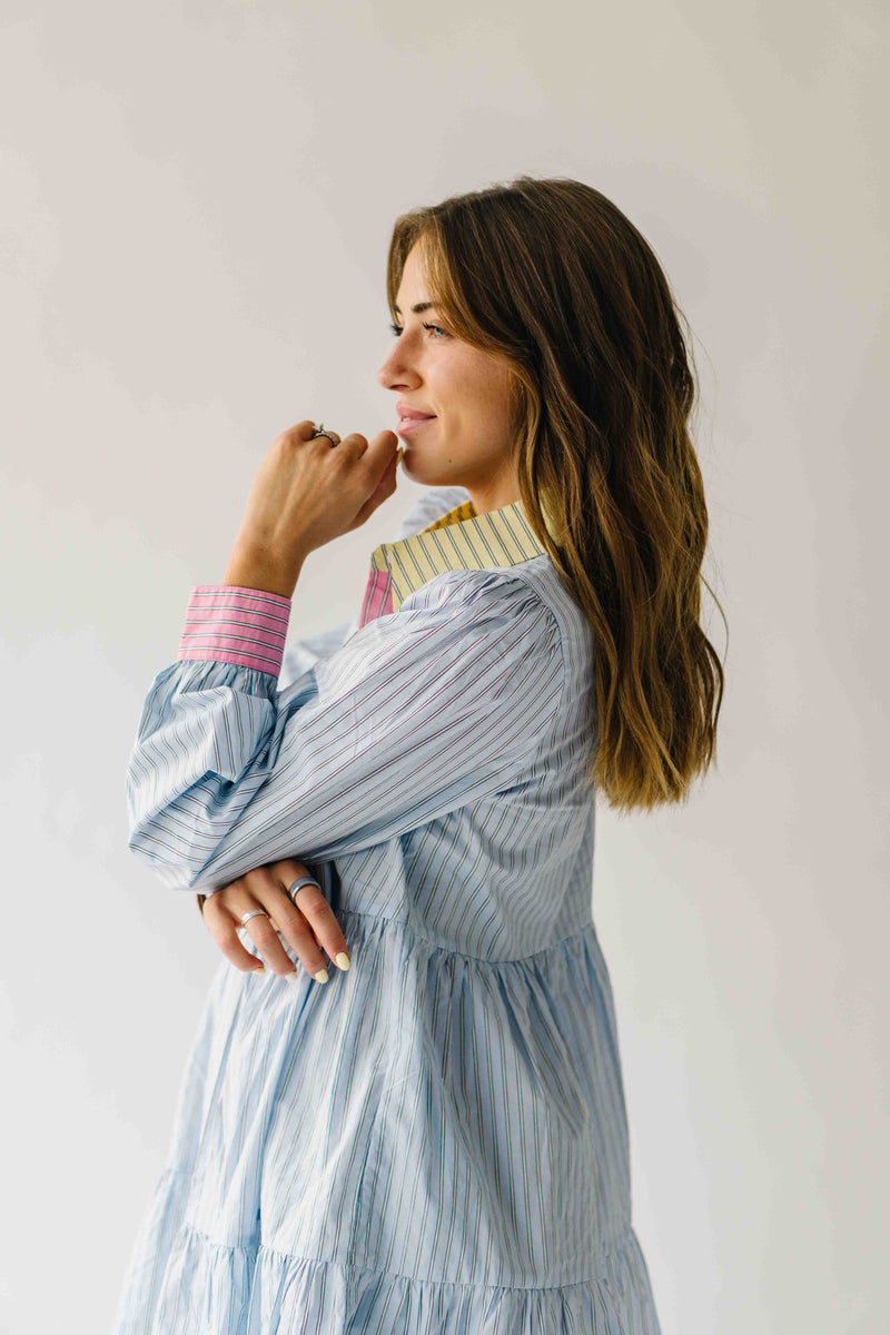 The Landry Tiered Button-Up Dress in Blue Combo