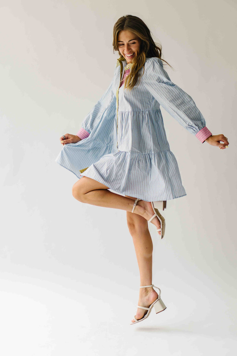 The Landry Tiered Button-Up Dress in Blue Combo