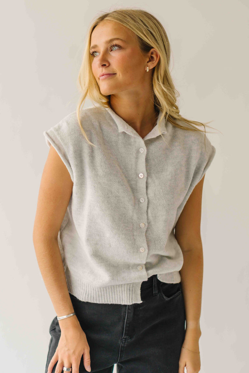 The Lottie Short Sleeved Button-Up Cardigan in Heather Grey