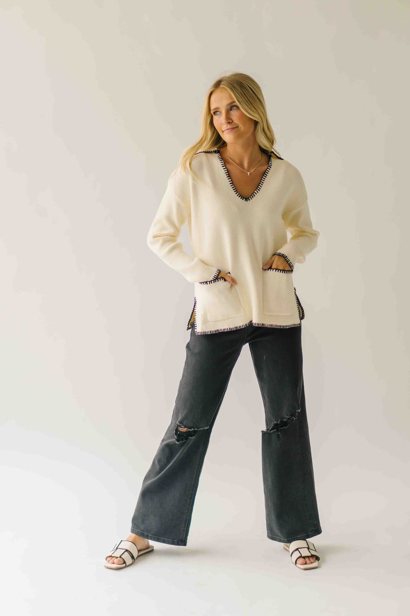 The Dollen Contrast Stitched Sweater in Ivory + Black