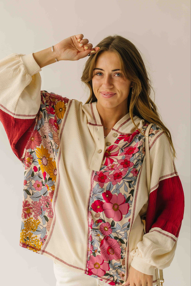 The Kerstin Mixed Print Oversized Top in Oatmeal + Rust
