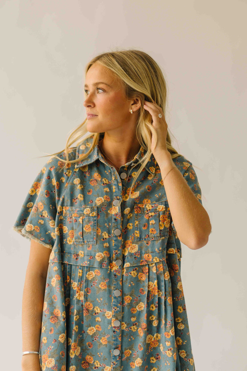 The Maribeth Floral Button-Up Dress in Denim