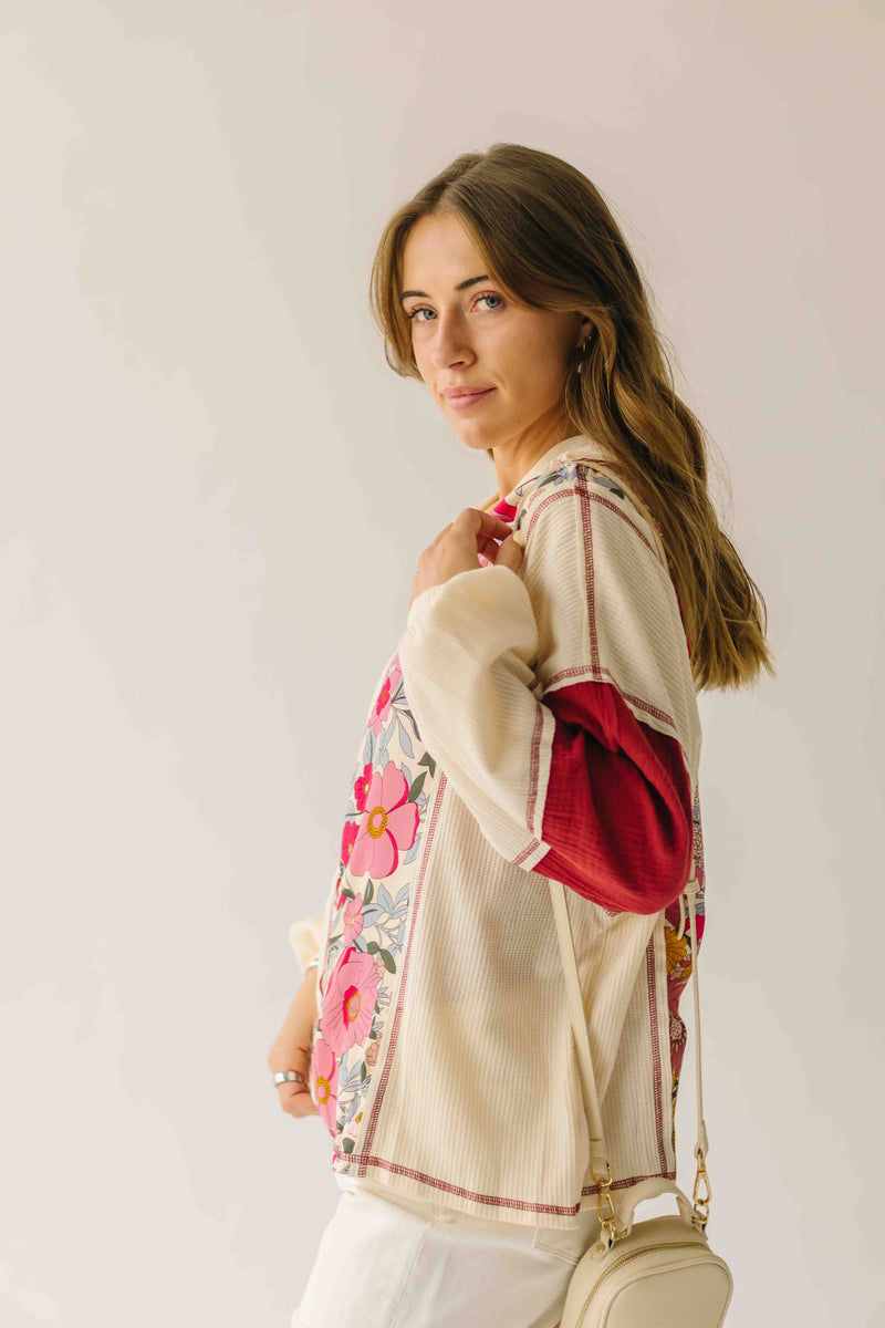 The Kerstin Mixed Print Oversized Top in Oatmeal + Rust