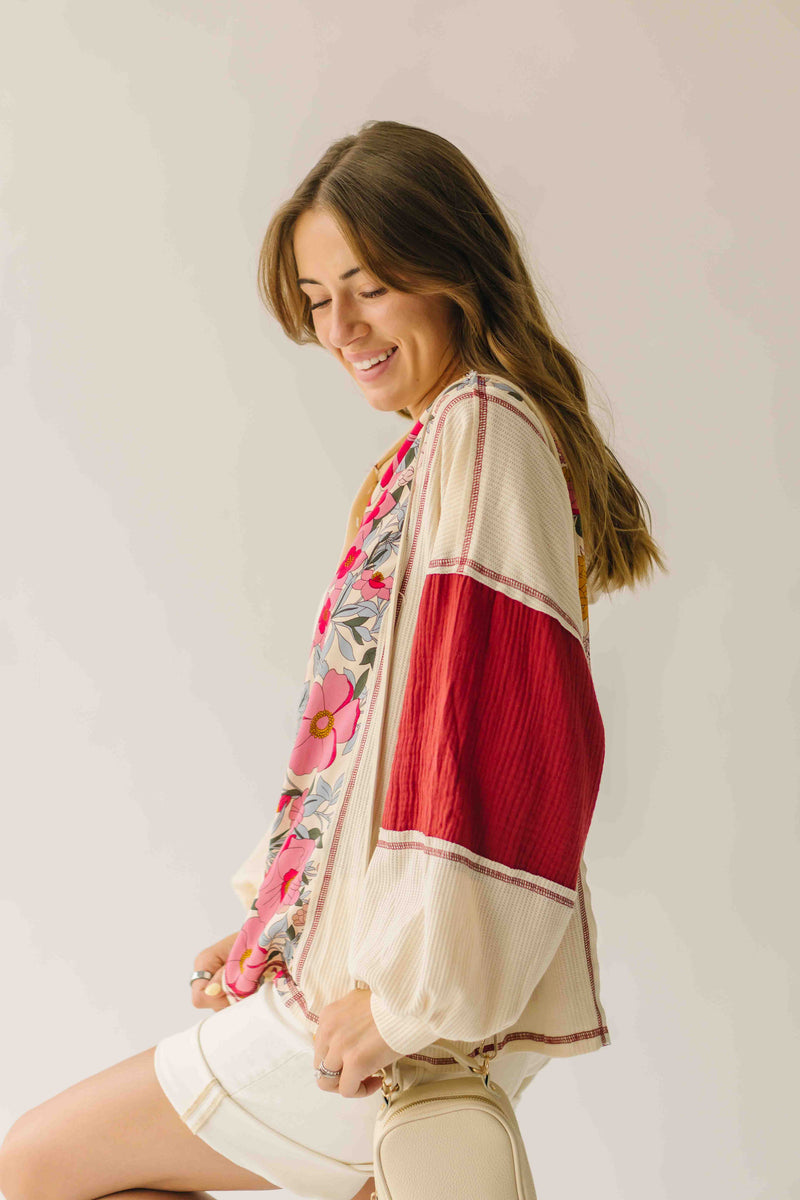 The Kerstin Mixed Print Oversized Top in Oatmeal + Rust
