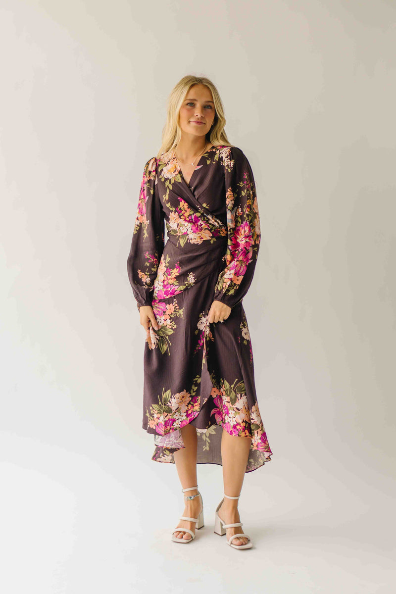The Eden Floral V-Neck Midi Dress in Brown Multi